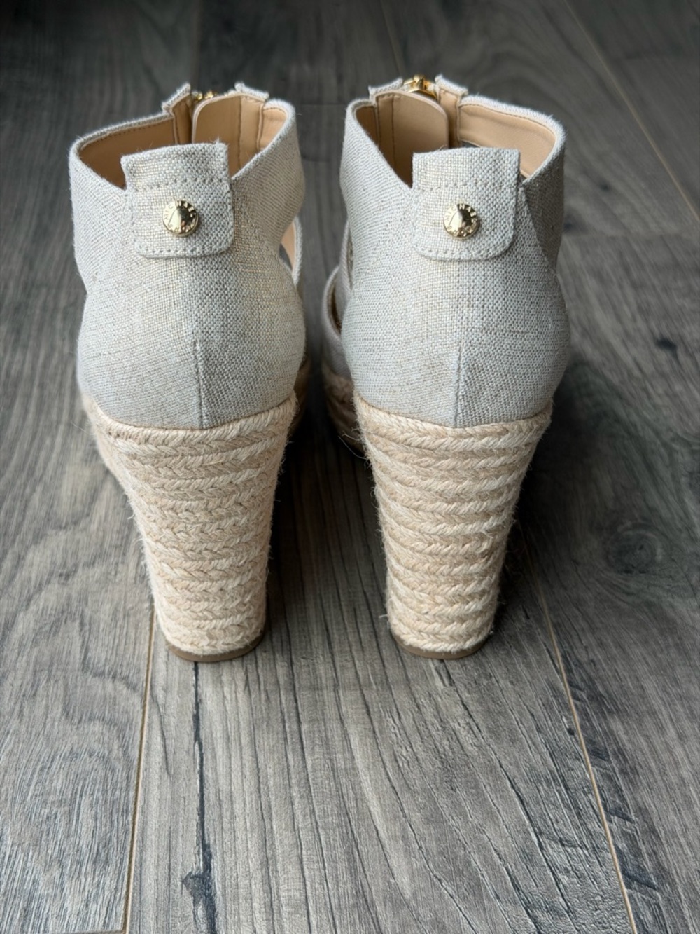 Michael Kors Damita Espadrille Wedge Sandals with Gold Zipper - Linen Look - 8 - Picture 7 of 13